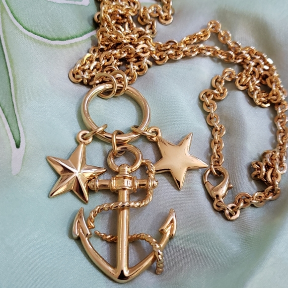 Vintage Jewelry - VTG Nautical theme long chain neckl, gold finish